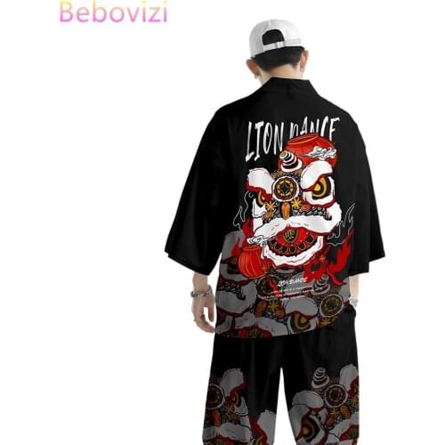 Plus Size Purple Black China Harajuku Japanese Style Sets Fashion Kimono Men Boys Cardigan Haori Obi Asian Clothes Pants Suit