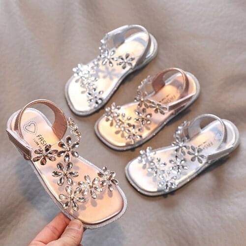 2021 Summer Girls Sandals Flower Crystal Princess Shoes Kids Fashion Rhinestone Beach Shoes Children Anti-slip Ankle Strap Shoes