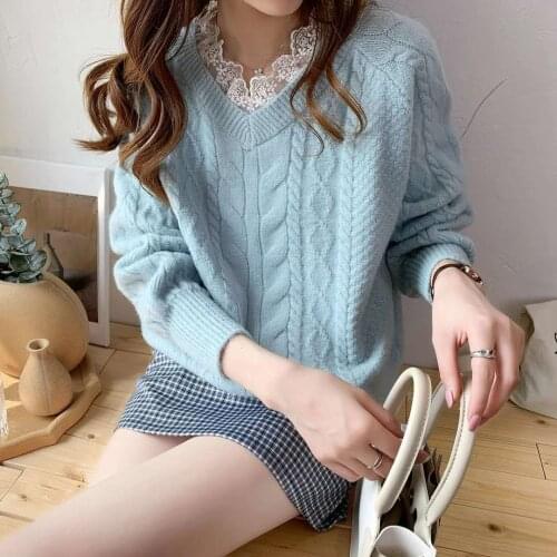 Woman Sweaters Loose Sweater Womens Autumn Winter Lace Patchwork Knitting Thick Top Femme Chandails Pull Hiver