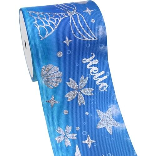 T.R RIBBON 3 inch 75mm silver hologram mermaid printed grosgrain ribbon 3 colors for options