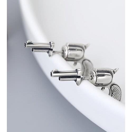 Pistol shape neutral earrings pure s925 retro distressed simple personality high quality male and female lovers earrings