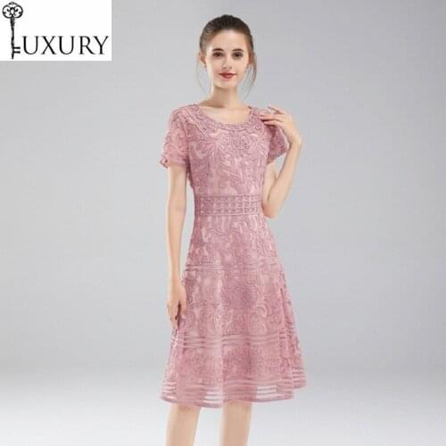Vestido 2020 Summer 4XL Fashion Party Pink Dark Blue Dresses Women O-Neck Allover Appliques Embroidery Vintage Retro Dress