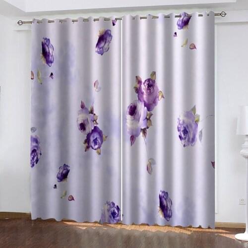 High quality custom 3d curtain fabric purple flower curtains windproof thickening blackout fabric