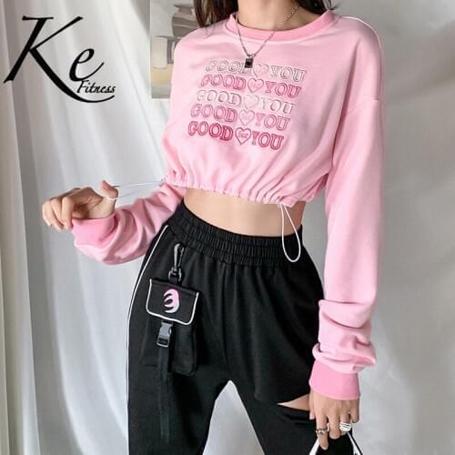 KE 2021 autumn and winter new womens letters embroidery drawstring short waist round neck cropped sweater women