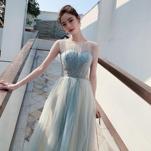 Dress Female Banquet Temperament 2021 New Pettiskirt Birthday Party Dress Bridesmaid Blue Gradient Fairy Evening Dress A287