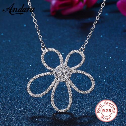 Real 925 Sterling Silver Sparkling Flower Pendant Necklaces For Women Luxury Exquisite Fine Jewelry