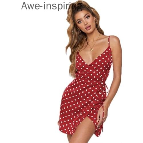 Summer Women Dress Beach Bohemian Polka Dot Print Strap Dress Sleeveless Yellow Slim Deep V Neck High Waistparty Mini Dress