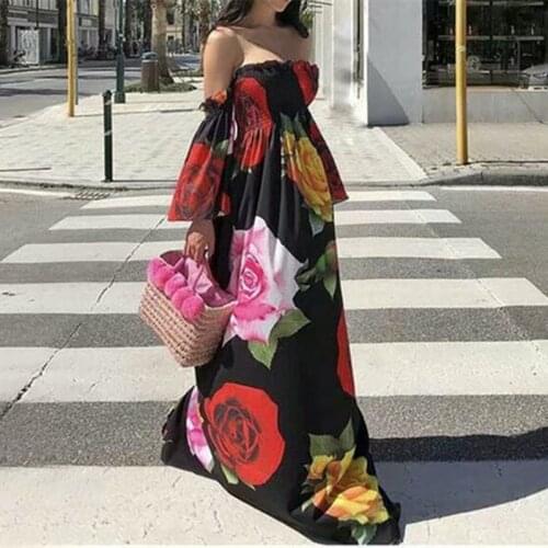 Women elegant tunic high waist elastic chiffon floral print off shoulder maxi dress bohemian beach long dresses vestidos floral