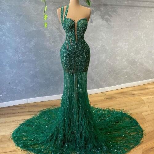 Bling Bling Green Mermaid Evening Dress Sequins One Shoulder Feather Prom Gowns Custom Made Sweep Train vestido de novia