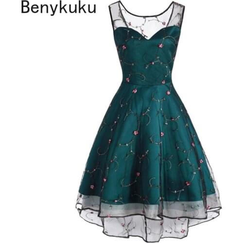 Lace Up Bandage High Low A Line Vintage Dress Blue Green Floral Embroidery Mesh Party Dress Women Elegant Retro Ladies Dresses