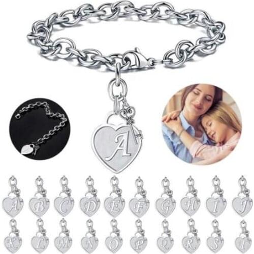 26 Letters Bracelets A-Z Charm Initial Bracelets For Women Child Fashion Heart Pendant Stainless Steel Bracelet Jewelry Pulseras