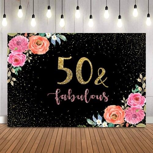 50 and fabulous birthday backdrop adult women birthday party decoration photo background pink flowers golden dots banner