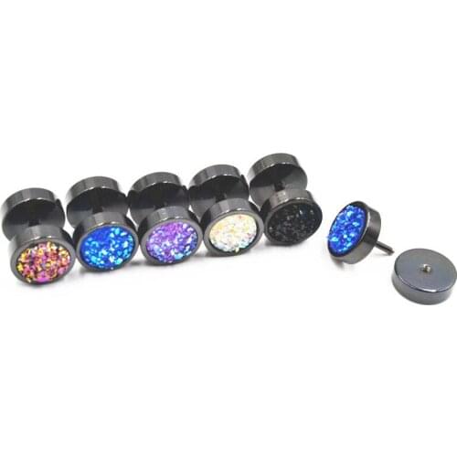 50pcs Stainless Steel Body jewelry Ear Stud Fake Ear Plugs Cheat Tunnels Illussion Plugs Glitter Gems Look 10mm All Black