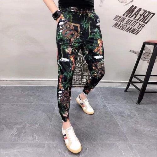 Summer Printed Pants Mens Korean Cropped Casual Trousers Thin Skinny Joggers PantsAnkle Banded Mens Hip Hop Clothing Streetwear