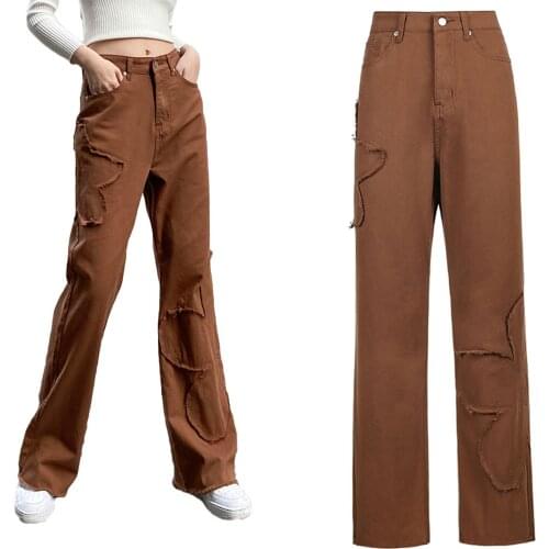 Y2K Indie Aesthetics High Waist Pants Brown Baggy Jeans Vintage Wide-Leg Floral Denim Long Trousers 90s Women Streetwear Pants