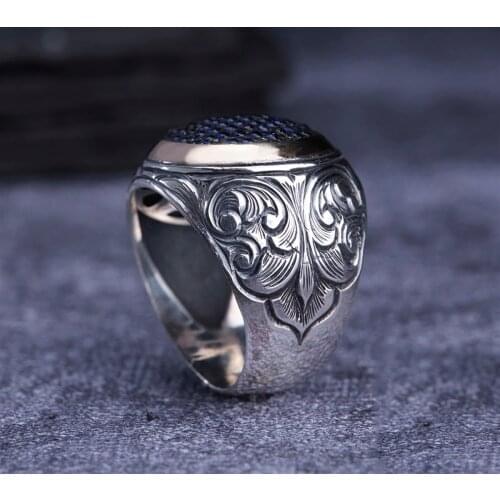 Zircon 925 Sterling Silver Engraved Special Craftmanship Traditional Handmade Turkish Signet Ring Jewelry Gift for Women Men