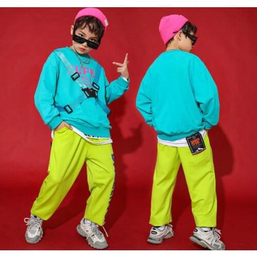 Kids Ballroom Jazz dancing Outfits Blue Sweatshirt Pants Girls Boys Jazz Dance Costumes Ballroom Dancing Clothes Street Wear