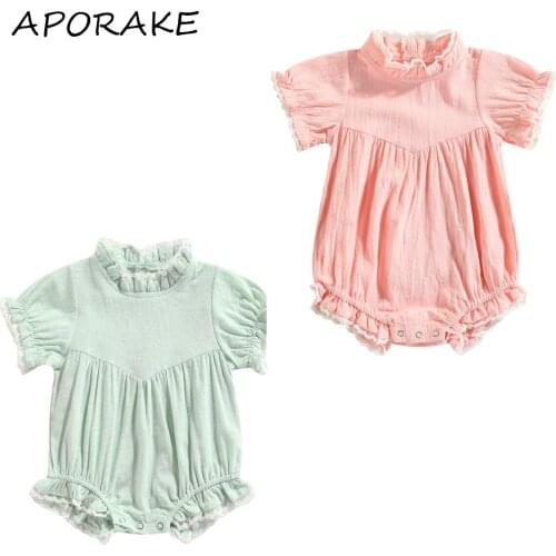 2021 0-24M Cute Infant Baby Girl Romper Summer New Solid Color Ruffle Puff Short Sleeve Playsuit Outfit