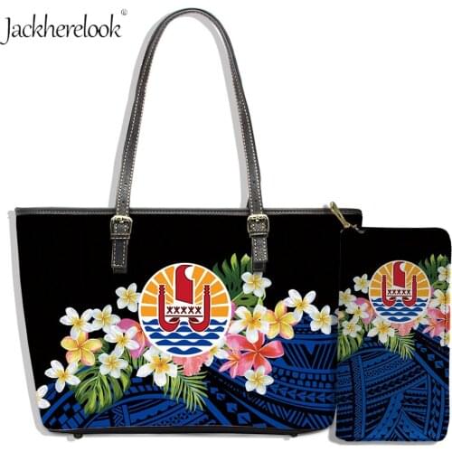 Jackherelook Black Traditional Tribe Pattern Plumeria Flowers Prints Ladies Fashion PU Leather Retro Daily Totes Trendy Bag Sets