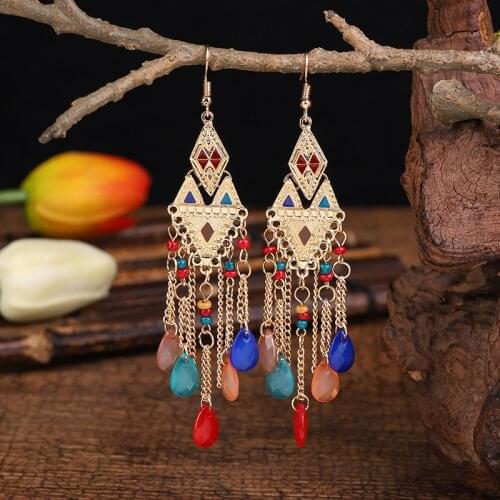 Classic Ethnic Crystal Long Tassel Dangle Ladies Earrings Gold Chain Indian Earrings Beads Wedding Earrings Hangers