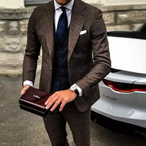 3 Pieces Set Brown Jacket Vest Pants Houndstooth Peaked Lapel Slim Fit Mens Suits Formal Wedding Blazer Male Fashion Dinner Gown