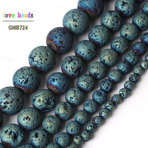 4/6/8/10/12mm Electroplated Blue Volcanic Lava Round Loose Rocket Beads for Jewelry Making DIY Bracelet 15inches