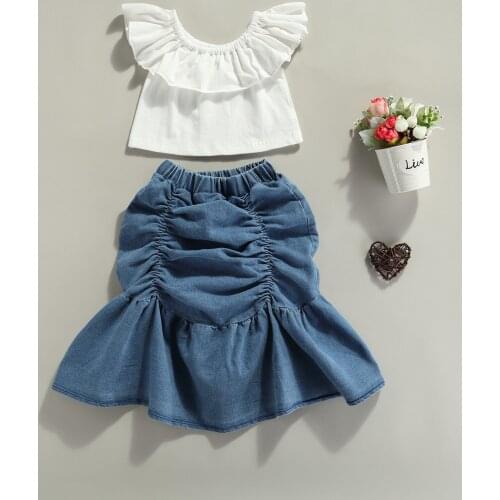 Summer Kids Girl Two Piece Set Fashion Solid Color Boat Neck Ruffle T-shirt and Pleated Mid-length Fishtail Skirt Outfits