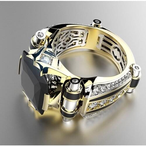 MENGYI Hyperbole Gold Geometric Black Zircon Men Ring For Women Punk Jewelry 9 2 5 Ring Party Gift Can Be Wholesale