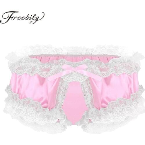 Fashion Mens Lingerie Shiny Soft Satin Fabric Ruffled Lace Panties Super Frilly Ruffled Crotchless Sissy Bikini Briefs Underwear