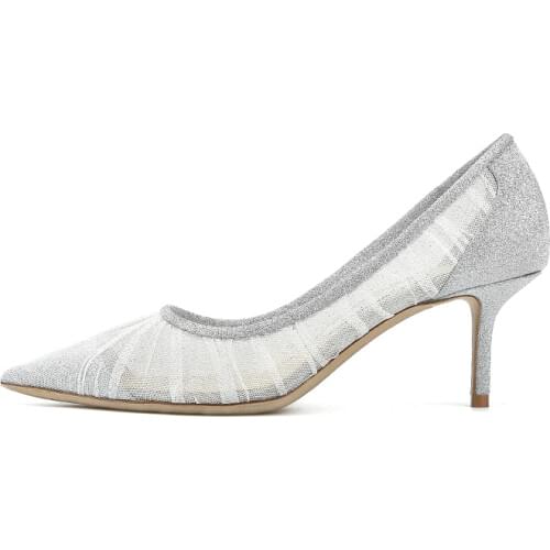 New Arrivals Lace Hollow Pumps Heeled Stiletto Slip On Pointed Toe Silver Bling Bling Shoes Wedding Dress Ladies Summer Pumps