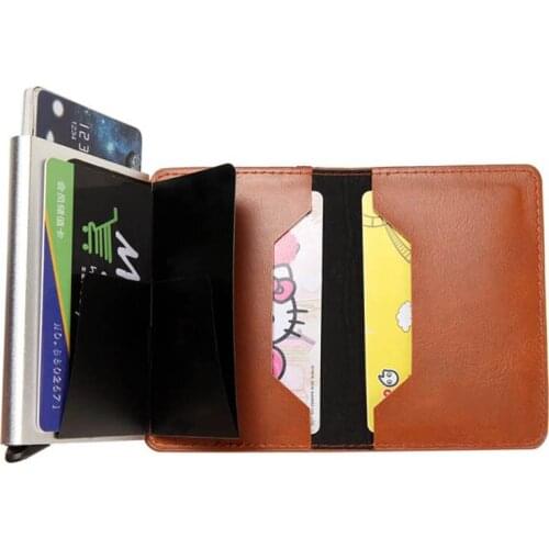 New Men RFID Card Holder Aluminium Antitheft Credit Card Holder Automatical Pop Up Wallet New Slim PU Leather Business ID Wallet