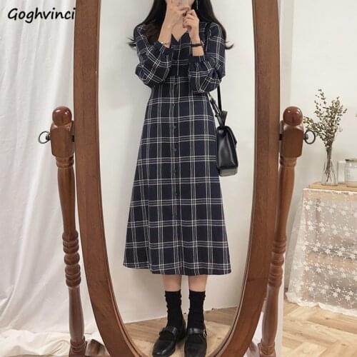 Long Sleeve Dress Women Plaid Vintage A-line Elegant Spring 2XL Mid-calf Loose Single-breasted Chic New Harajuku Ulzzang Slender