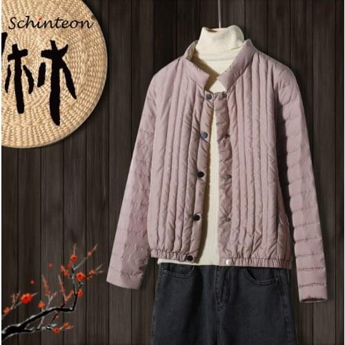 Schinteon New Ultra Light Down Jacket Women Short Outwear Striped Casual Coat Stand Collar Vintage for Spring Autumn