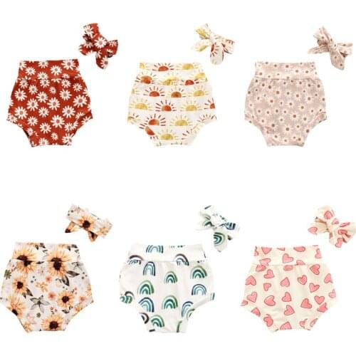 0-18M Kids Baby Girls Boys Shorts Trousers Flowers Print Elastic Waist Casual Pants Headband 2pcs