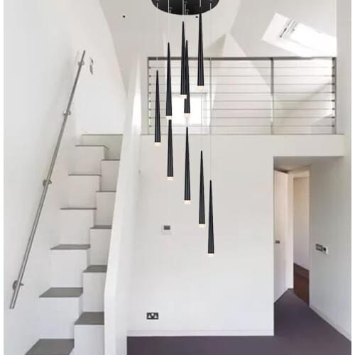 Modern black aluminum cone staircase LED pendant lamp for hotel lobby villa staircase living room lighting decoration