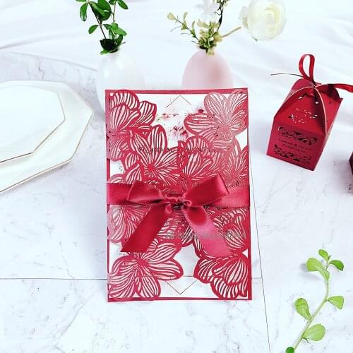 50PC Red Printale Petal Laser Cut Wedding Invitations with Ribbon Customize Shiny Invitation for Quinceanera Engagement Card