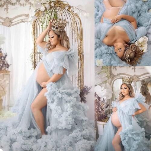 Light Blue Maternity Dresses Tiered Ruffles Maternity Gown for Photoshoot Boudoir Lingerie Tulle Robes Bathrobe Nightwear Baby