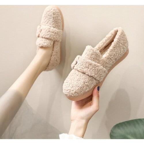 Thicken oxford bottom moccasins trendy buckle lazy casual plush warm flats loafers luxury soft lamb wool cotton shoes large size