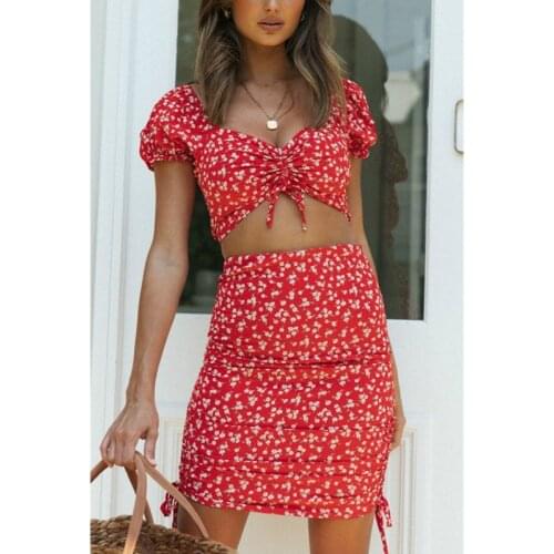 Women Fashion Party Sunsuits Floral Printing 2PCS Sexy Ruched Crop Top+Mini Skirt Summer Bodycon Clothing Beach VacationFemale