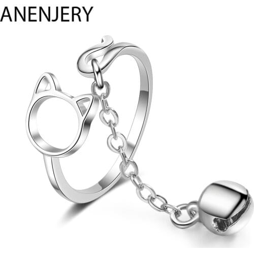 ANENJERY 925 Sterling Silver Cute Cat Bell Ring For Women Girl Adjustable Ring S-R230