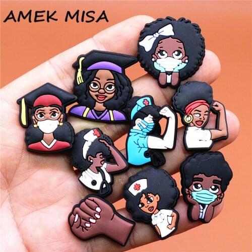 1pcs Melanin PhD Shoe Charms Strong Nurse Doctor Cute Black Girl Shoe Accessories Decoration Fit Croc Jibz Kids Party Gifts U246