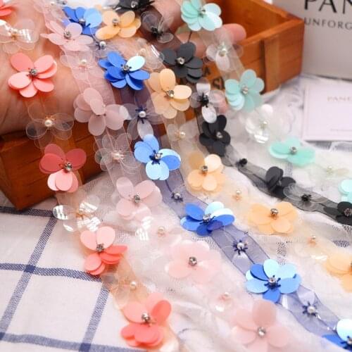 1 yard Pearl Sequin Colorful Flower Embroidered Lace Trim Ribbon Fabric Handmade DIY Wedding Dress Sewing Supplies Craft
