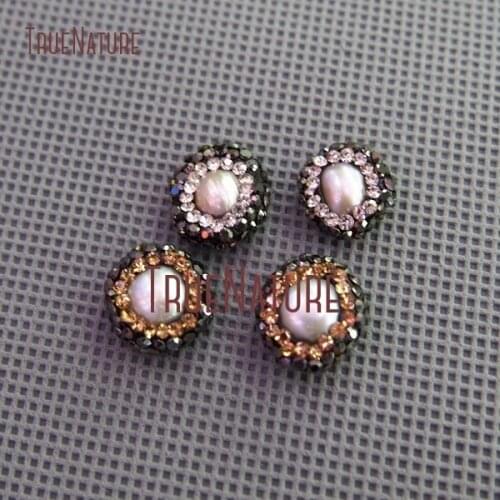 10Pcs Freshwater Pearl Loose Beads Champagne Gunblack Rhinestone Pave Round Shape Loose Beads Approx 12mm BE192