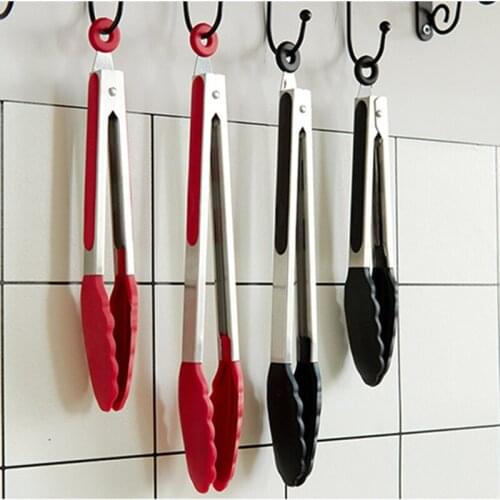 2Pcs/Set Stainless Steel Kitchen Tongs - 9" and 12", Locking Metal Food Tongs Non-Slip Grip (Black/Red)