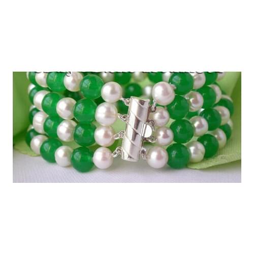 4strands 7-8mm white freshwater pearl green jade bracelet 8"