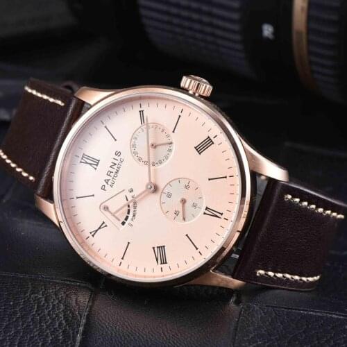 Parnis Mens Watch Automatic Watch Mechanical Self Winding Power Reserve Luxury Brand Waterproof Sport Calendar Wristwatch Men