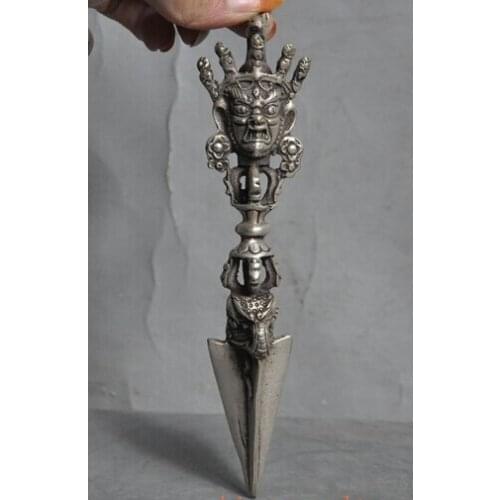 Decoration bronze factory outlets Tibet Silver 6"Old Tibet Buddhism Silver Mahakala Buddha Statue Phurpa Vajra Dorje Daggers
