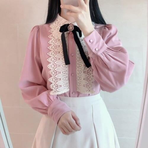 Autumn Spring New Office lady Chiffon Tops Turn down collar Bow Lace shirt Patchwork Long sleeve Women blouse Blusa