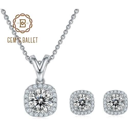 GEMS BALLET 925 Sterling Silver Bridal Jewelry Set VVS1 Moissanite Diamond Solitaire Pendant Necklace Earrings Set For Women