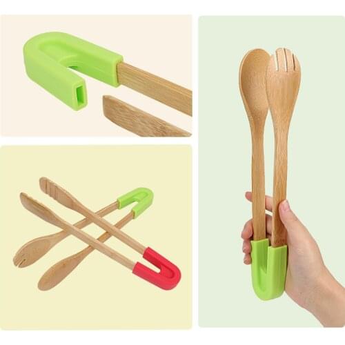 Cake Pastry Steak BBQ Tongs Wooden Clip Non-Stick Kitchen Utensils Grip Silicone Bamboo Food Tongs Toaster Tongs Snack Clip